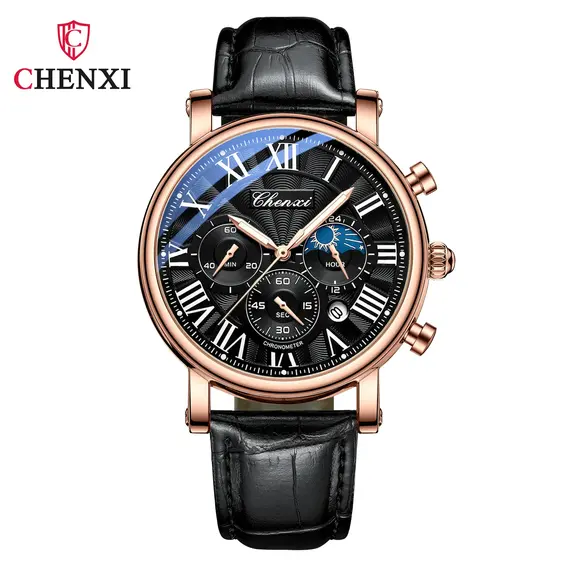 CHENXI 973 Men Quartz Watch Fashion Business Moon Phase Date Multifunctional Chronograph Leather Strap Wristwatch