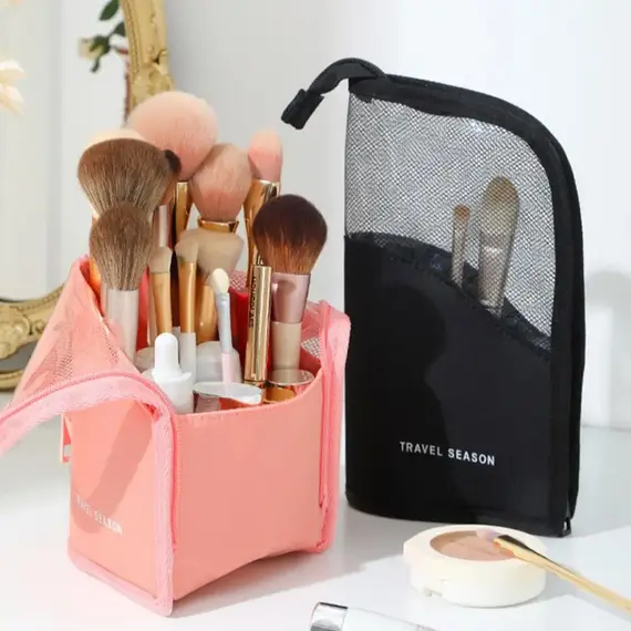 Standing Mesh Toiletry Bag Women Portable Cosmetic Makeup Organizer Travel Waterproof Toothbrush Storage Case Beauty Pouch