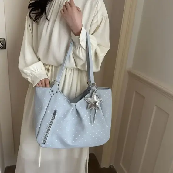 Shoulder Tote Bag Korean Polka Dot Retro Cute Zipper Vintage Large Capacity Underarm Casual Daily New Hot forWomen Shopping Work