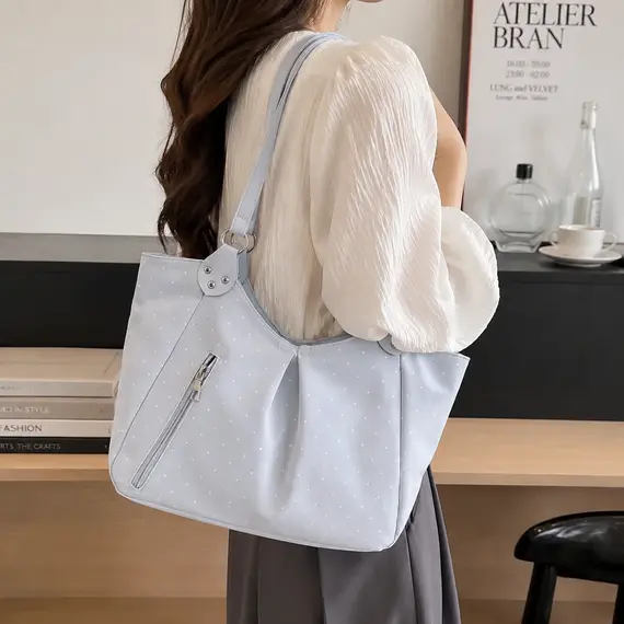 Shoulder Tote Bag Korean Polka Dot Retro Cute Zipper Vintage Large Capacity Underarm Casual Daily New Hot forWomen Shopping Work