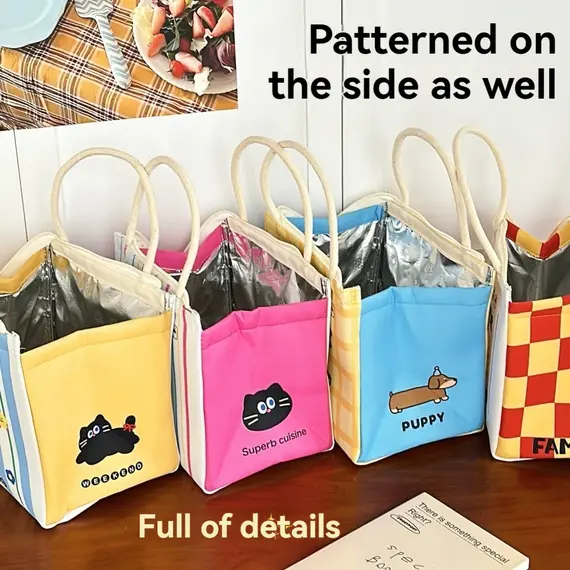 Cute Kitten Lunch Box Bag Student Hand-Held Aluminum Foil Insulated Lunch Box Bag Large Capacity Lunch Box Bag