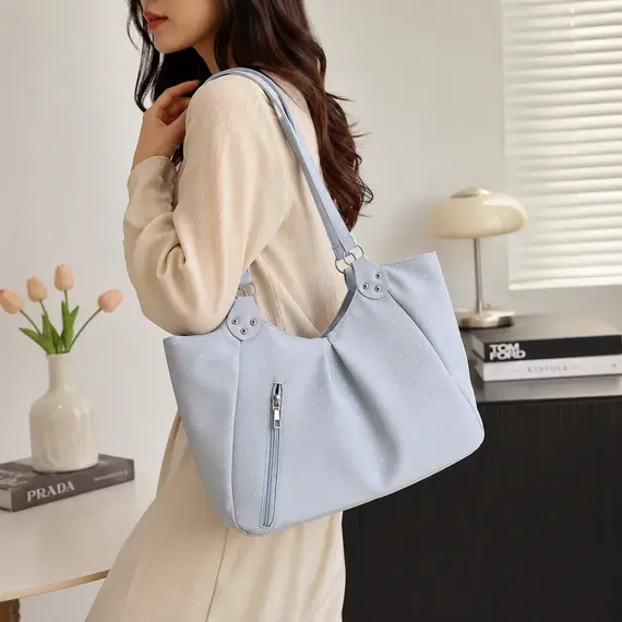 Shoulder Tote Bag Korean Polka Dot Retro Cute Zipper Vintage Large Capacity Underarm Casual Daily New Hot forWomen Shopping Work