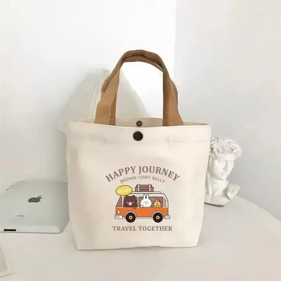 Bear Shape Canvas Tote Bag For Women Cute Mini Handheld Lunch Bag Student School Bag Gift Bag
