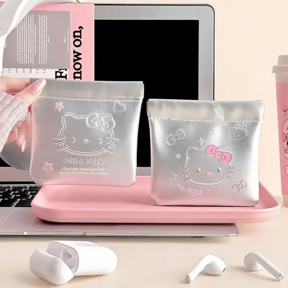 Portable travel data cable storage bag, coin purse, automatic closing spring clip, lipstick makeup bag, small inner storage bag,