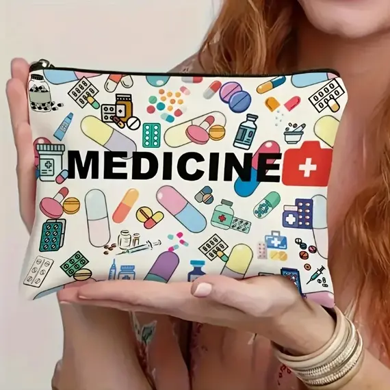 Medicine-Themed Cosmetic Travel Bag - Foldable Zippered Makeup Organizer, Gift for Healthcare Professionals, Cosmetic Bag