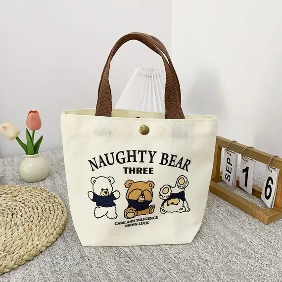 Bear Shape Canvas Tote Bag For Women Cute Mini Handheld Lunch Bag Student School Bag Gift Bag
