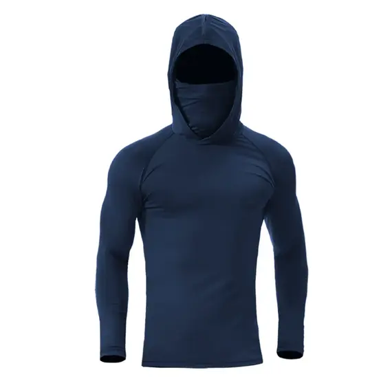 Men's Athletic Hoodie Long Sleeve Fishing Shirts, Upf 50+ Uv Sun Protection, Fitted High Stretch, Built-In Face Mask