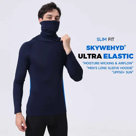 Men's Athletic Hoodie Long Sleeve Fishing Shirts, Upf 50+ Uv Sun Protection, Fitted High Stretch, Built-In Face Mask