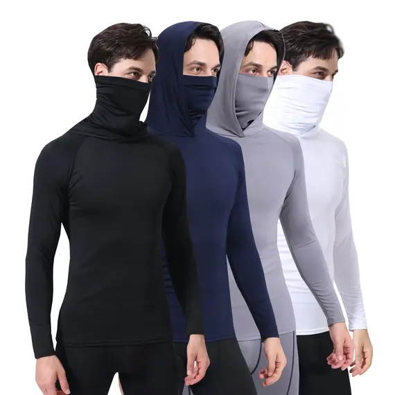 Men's Athletic Hoodie Long Sleeve Fishing Shirts, Upf 50+ Uv Sun Protection, Fitted High Stretch, Built-In Face Mask