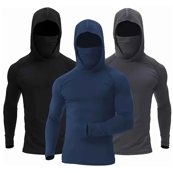 Men's Athletic Hoodie Long Sleeve Fishing Shirts, Upf 50+ Uv Sun Protection, Fitted High Stretch, Built-In Face Mask