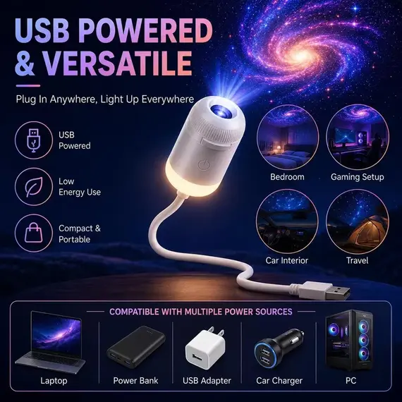HD Holographic Night Light 2-in-1 Galaxy Star Design Projector with Eye Protection USB Powered for Bedroom Car Perfect Christmas