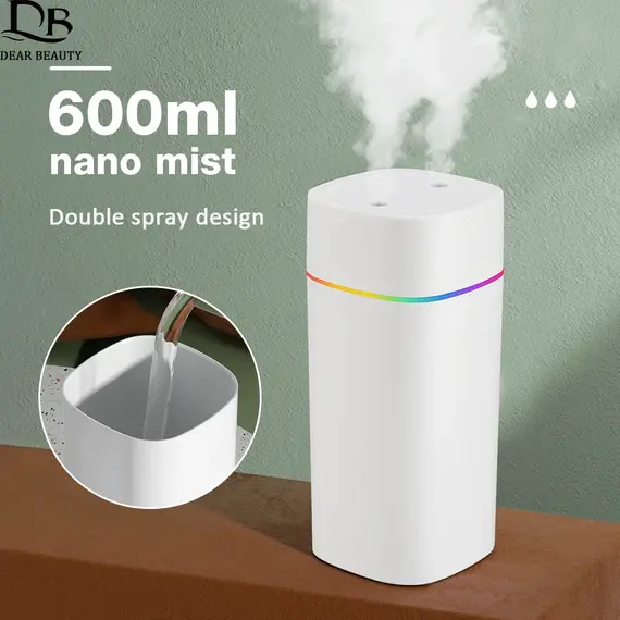 600ML Air Humidifier Double Spray Port Essential Oil Aromatherapy Diffuser Mute Atomizer Colorful Lights For Home Office Car