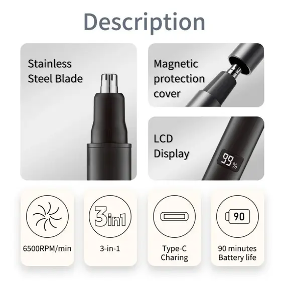 2025 XIAOMI New 3 in 1 Electric Rechargeable Nose Ear Hair Trimmer for Men Painless Sideburns Eyebrows Beard Hair Clipper Shaver