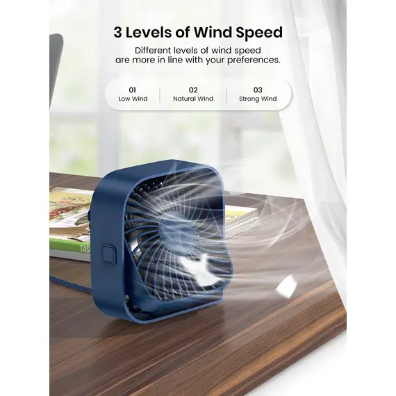 TOPK Mini Portable Fan USB Desk Fan Table Strong Airflow &Quiet Operation 3 Speed Wind 360°Rotatable Standing fans for room Home