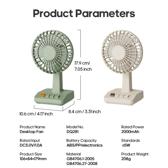 KINSCOTER Vintage Desktop Fan 2000mAh 90° Tilt Adjustable Mini Rechargeable Fan 5 Gear Speed for Home/Office/Student/Gift