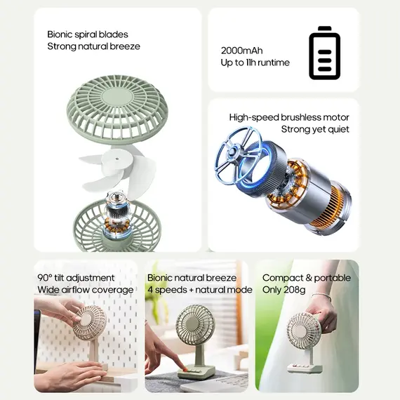 KINSCOTER Vintage Desktop Fan 2000mAh 90° Tilt Adjustable Mini Rechargeable Fan 5 Gear Speed for Home/Office/Student/Gift