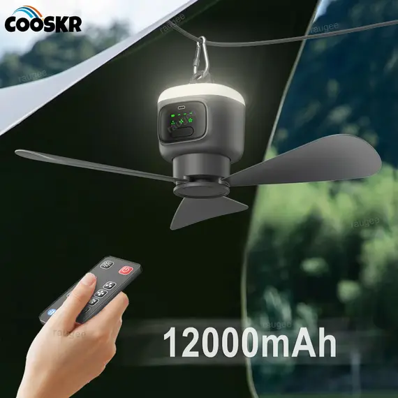 12000mAh Ceiling Fans Portable Camping Fan Tent Air Circulator Cooler Outdoor Rechargeable Electric Fan LED Light Remote Control
