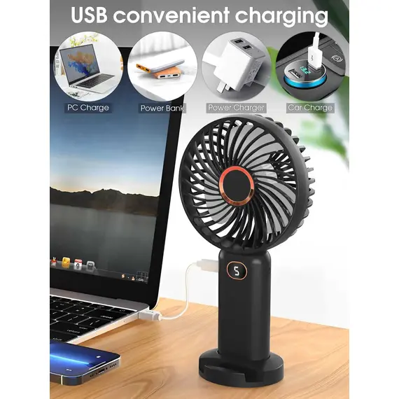 Portable Handheld Fan USB Rechargeable Mini Fan Digital Display 5-Speed Adjustment Suitable For Travel Outdoor Office Home