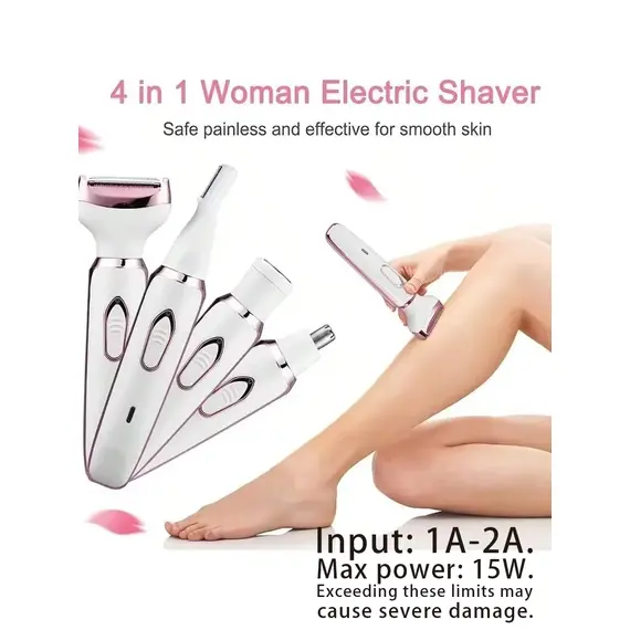 4-in-1 Rechargeable Electric Lady Shaver Set - 500mAh Portable Wet/Dry Trimmer for Face, Nose, Legs & Underarms