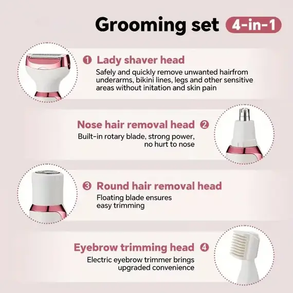 4-in-1 Rechargeable Electric Lady Shaver Set - 500mAh Portable Wet/Dry Trimmer for Face, Nose, Legs & Underarms