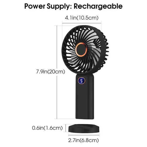 Portable Handheld Fan USB Rechargeable Mini Fan Digital Display 5-Speed Adjustment Suitable For Travel Outdoor Office Home
