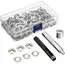 Grommet Tool Kit 100 Sets Grommets Eyelets 6mm 10mm 12mm 14mm Inside Diameter Silver for Clothes Shoes Bag Leather Crafts DIY