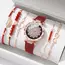 6PCS/Set Fashion Heart Dial Women's Watch Casual Leather Band Analog Quartz Watch Leaf Bracelets Set（Without Box）